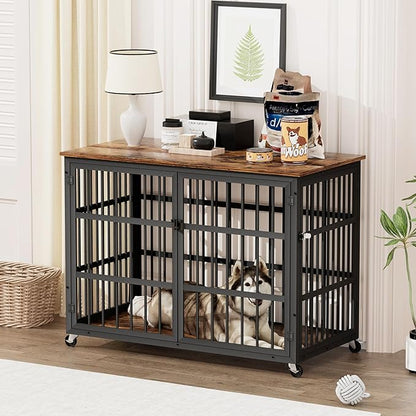 Aoowow Dog Crate Furniture for Small Medium Dogs, 43.3" Dog Kennel Indoor End Table with Side Doors, Iron Heavy Duty Dog Cage with Wheels, Rustic Brown