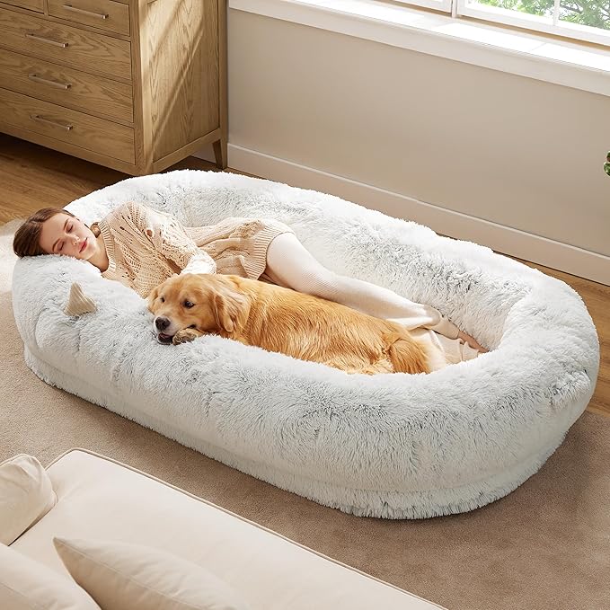 Bedsure Calming Human Dog Bed, 71" x 44" x 12" Giant Human Dog Bed for Adults People Fits Pet Families with Storage Pocket, Fluffy Faux Fur Orthopedic Pet Bean Bed, Frost Grey