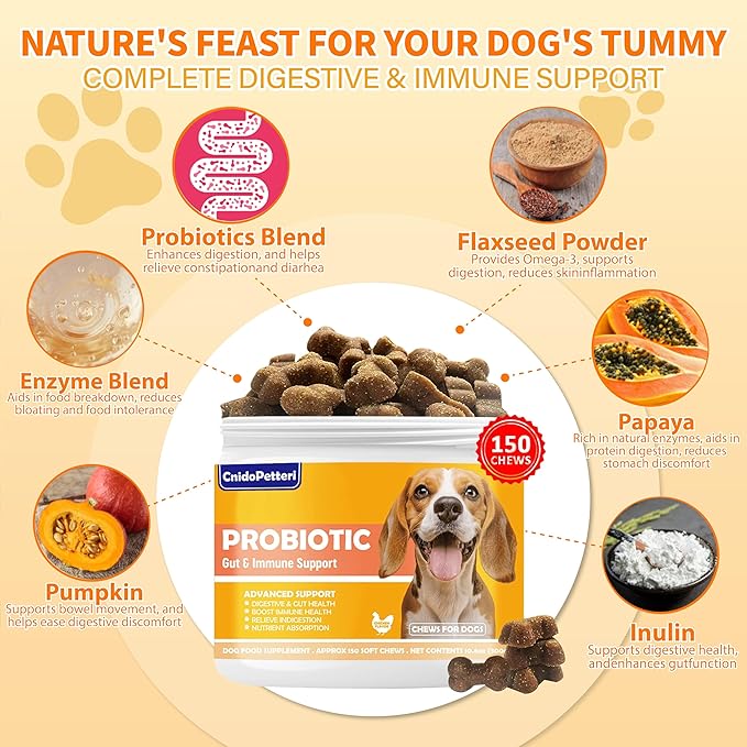 Probiotics for Dogs - 6 Digestive Probiotics & 6 Enzymes for Itchy Skin,Digestion & Gut Support,Helps Diarrhea, Yeast Infection, Upset Stomach,Allergies & Immune System Support-150 Chews