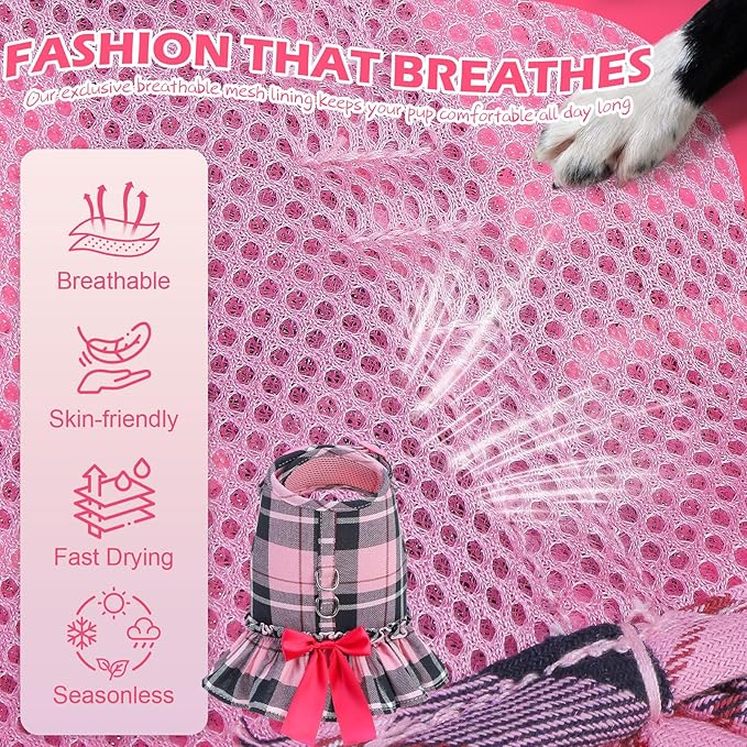 EXPAWLORER Dog Harness Small Medium Sized Dogs, Plaid Dog Dress Bowknot Harness and Leash Set, No Choke No Pull Soft Mesh Vest Cute Princess Puppy Outfits Clothes Costume for Girls Party Cats Pink XS