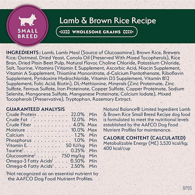 Natural Balance Limited Ingredient Small-Breed Adult Dry Dog Food with Healthy Grains, Lamb & Brown Rice Recipe, 4 Pound (Pack of 1)