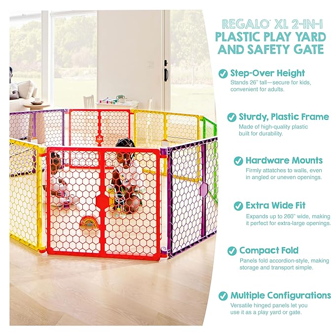 Regalo Safety 260" Super Wide Baby Gate & 8-Panel Playpen, 2-in-1 Convertible Baby Play Yard, Large Foldable Play Pen for Babies, Toddlers & Pets, Includes Wall Mount Kit, Multi-Colored