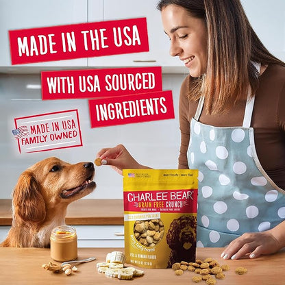 Charlee Bear Crunch Grain Free Dog Treats, Peanut Butter and Banana, 8 Ounce Resealable Bag, Low Calorie Training Treats for Dogs, Limited Ingredient, Healthy, Crunchy Dog Snacks, Made in USA