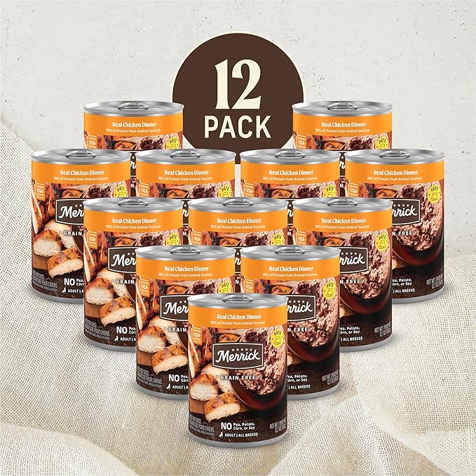Merrick Grain Free Premium and Natural Canned Dog Food,Soft and Healthy Wet Recipe,Real Chicken Dinner - 12.7 oz. Cans,(Pack of 24)