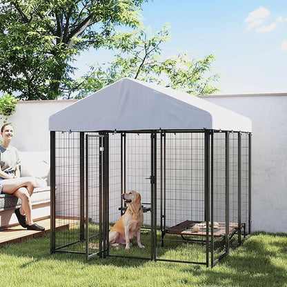 PawHut Outdoor Dog Kennel with Roof, 6' x 6' x 6' Heavy Duty Welded Wire Dog Playpen Enclosure with Escape-Proof Lock, UV-Resistant & Waterproof Cover, for Large Dogs, Chickens, Ducks, Silver