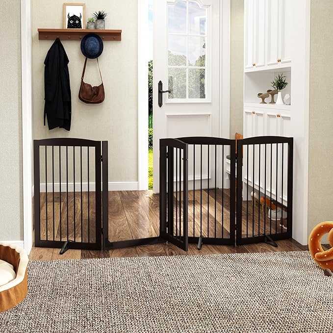PUPETPO Freestanding Dog Gates with Door Walk Through, 80 inch Wide Gates Indoor, Dog Fences Indoor, Support Feet Included, 4 Panels, 32" Tall, Dark Brown