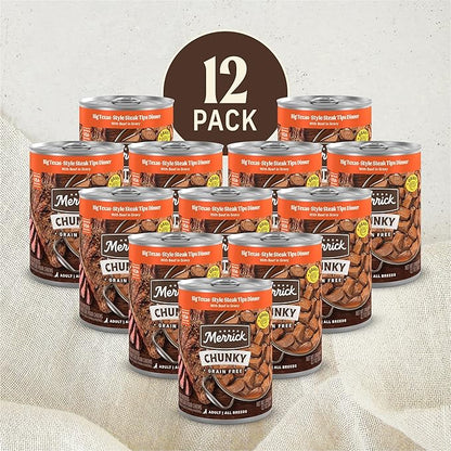 Merrick Chunky Grain Free Premium And Wholesome Canned Dog Food, Real Meat Big Texas Steak Tips Dinner - (Pack of 12) 12 ct. Cans