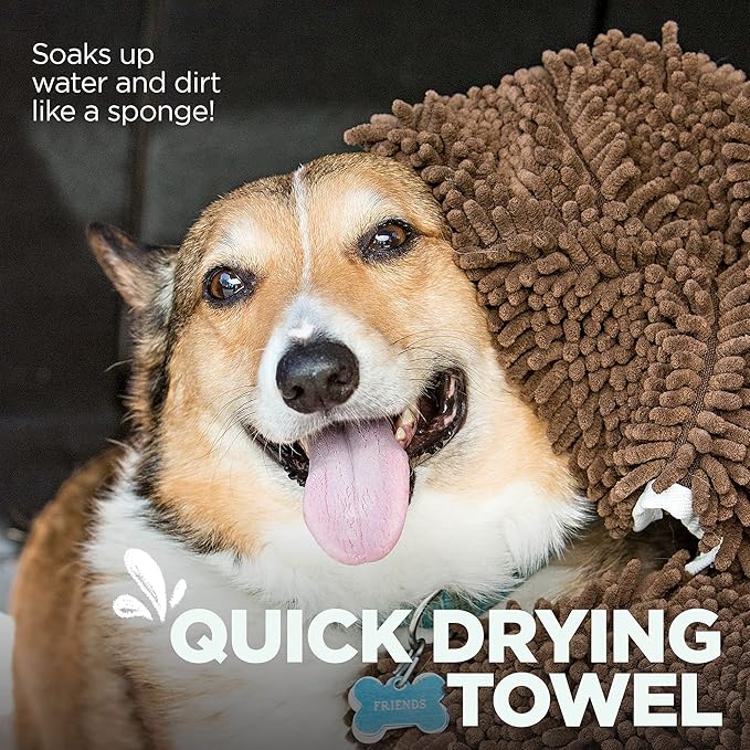 Soggy Doggy Super Shammy Dog Towel – Absorbent Microfiber Chenille Pet Towel for Drying Wet Dogs, Paws, Quick Dry Dog Shammy with Hand Pockets, Machine Washable – Chocolate/Oatmeal Trim, 31” x 14”