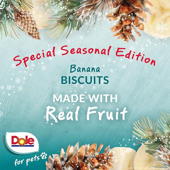 Dole for Pets Dog Biscuits Banana Blizzard Winter Flavor, Real Fruit Flavor Vegan Crunchy Treats, No Wheat Corn Soy or Artificial Additives, Bite Size Training Snacks for Dogs, 7 Oz