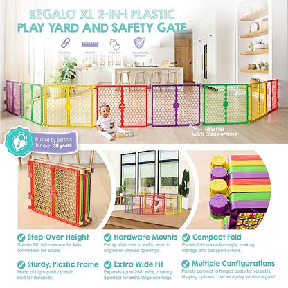 Regalo Safety 260" Super Wide Baby Gate & 8-Panel Playpen, 2-in-1 Convertible Baby Play Yard, Large Foldable Play Pen for Babies, Toddlers & Pets, Includes Wall Mount Kit, Multi-Colored