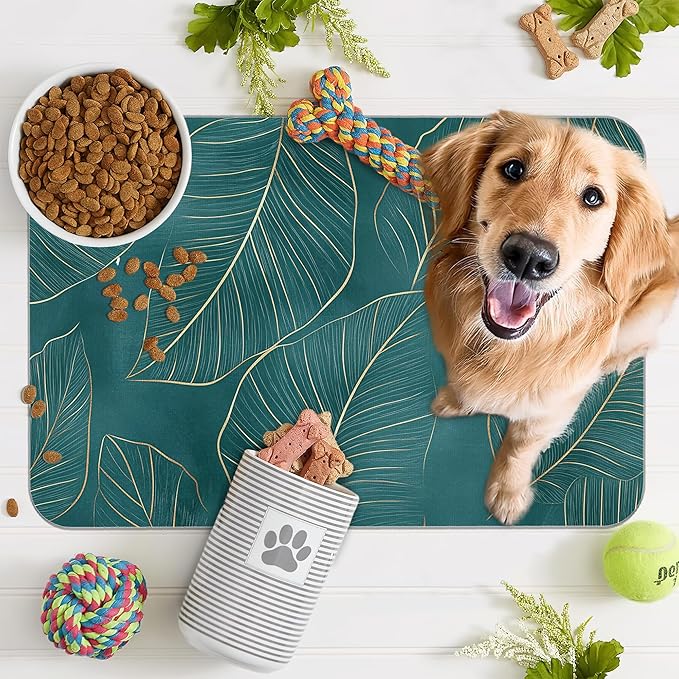 Tropical Palm Leaves Dog Food Mat for Floors,Absorbent Quick-Dry Pet Feeding Mat,Cat Dog Bowl Mats for Food and Water,Non-Slip Pet Accessories Supplies 16"x24"
