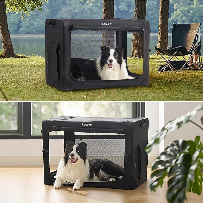 Lesure Collapsible Dog Crate - Portable Travel Kennel for Extra Large Dog, 4-Door Pet Crate with Mesh Windows, Indoor & Outdoor, Black