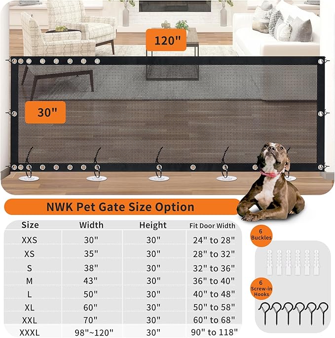 NWK Magic Dog Gate for Stairs Pet Gate for The House Providing a Safe Enclosure for Pets to Play and Rest, 6 Hooks Design (120'' X 30'')