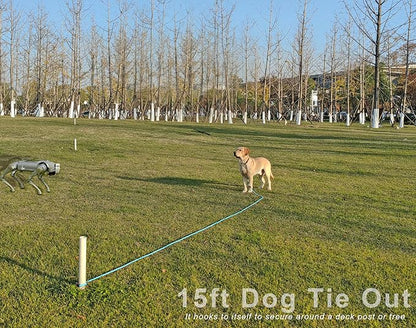 15FT Tie Out Rope Dog Lead, 3/8" Thick Long Dog Tether Nylon Check Cord for Medium Large Dogs Outdoor Camping Backyard of Leash Training Tie Down (Blue)