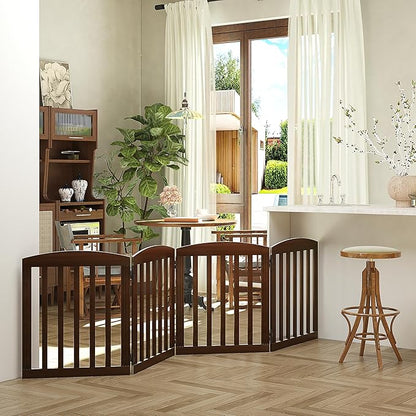 SPIRICH 96" Extra Wide 28" Tall Dog Gate Indoor, Dog Gates for Doorways, Stairs, The House, Wooden Freestanding Foldable Pet Gate, Step Over Puppy Gate, 4 Panels, Brown
