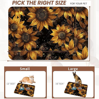 Sunflower Vintage Pet Feeding Mat,Absorbent Quick-Dry Cat Dog Food and Water Bowl Mats, Non-Slip Rubber Backing Mat,Cat Dog Accessories Supplies 12"x20"