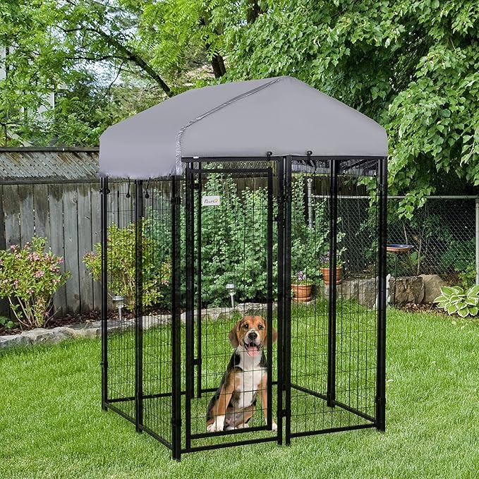 PawHut Outdoor Dog Kennel with Roof, 4' x 4' x 6' Heavy Duty Welded Wire Dog Playpen Enclosure with Escape-Proof Lock, UV-Resistant & Waterproof Cover, for Medium Dogs, Chickens, Ducks, Silver