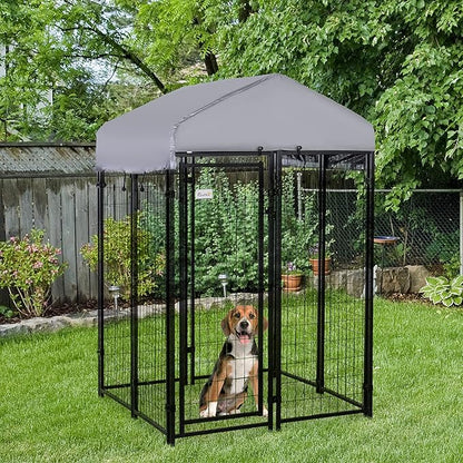 PawHut Outdoor Dog Kennel with Roof, 4' x 4' x 6' Heavy Duty Welded Wire Dog Playpen Enclosure with Escape-Proof Lock, UV-Resistant & Waterproof Cover, for Medium Dogs, Chickens, Ducks, Silver