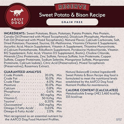 Natural Balance Limited Ingredient Reserve Grain Free Sweet Potato & Bison Dry Dog Food for Adults, Sensitive Stomach, 12 lb (Pack of 1)