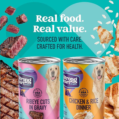 A Strong Heart Wet Dog Food Variety Pack, Ribeye Cuts in Gravy & Chicken and Rice Dinner, Made with Real Beef & Chicken, Made in The USA, 13.2 oz Can (Pack of 12)