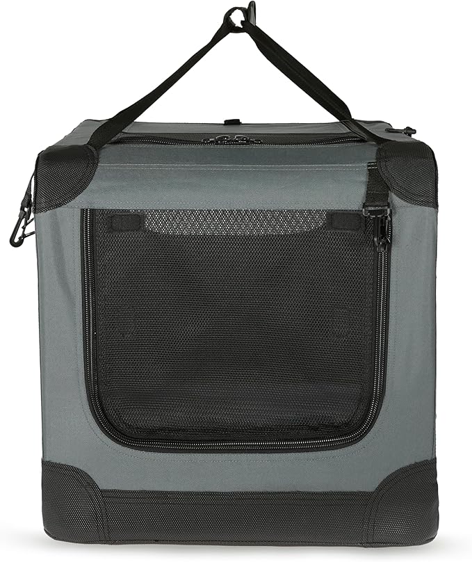 Amazon Basics 4-Door Portable Folding Soft Dog Crate, Collapsible Travel Kennel for Cat, Dog, and Small Animals, Pop Up with Fleece Mat, Water-Resistant Base, Grey, 36" x 24" x 24"