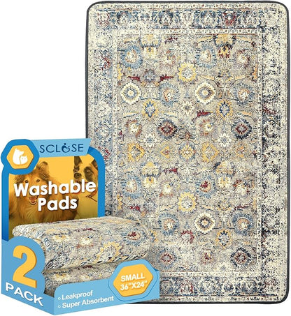 SCLOSE Washable Pee Pads for Dogs 2 Pack, 36" x 24" Reusable Puppy Pads Waterproof, Super Absorbent Dog Rugs, Leakproof, Dog Crate Pad, Playpen Mat, Whelping Pads, Vintage