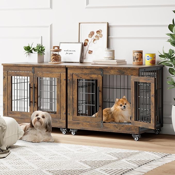 YaFiti Dog Crate Furniture with Cushion Set of 2, Wooden Dog Kennel Indoor with Double Doors, Dog Cage with Wheels, Dog House Side End Table for Small Dogs up to 30 lb, 27.2" L, Rustic Brown