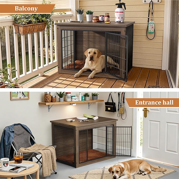 Greesum Modern Dog Crate Furniture That Doubles as a Side Table - Sturdy Wooden Kennel with Double Door Design, Equipped with Soft Cushion & Chew-Resistant Resign, Suitable for Dogs