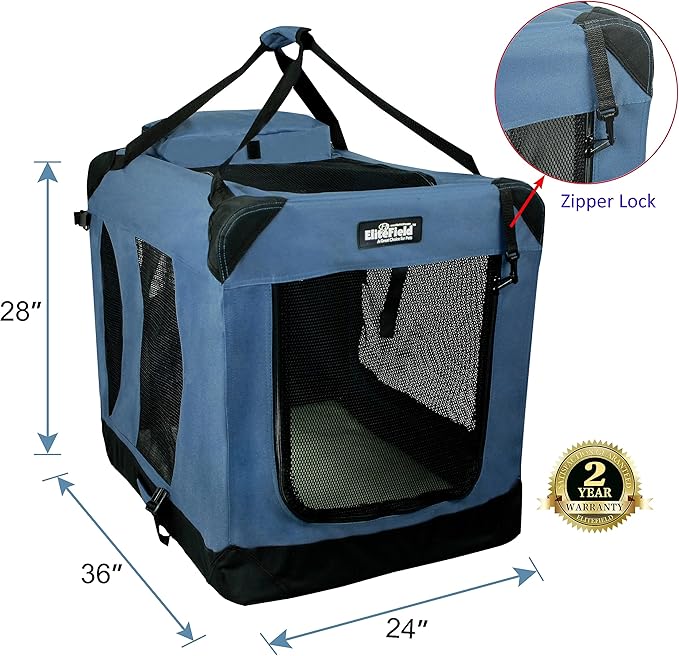 EliteField 3-Door Folding Soft Dog Crate with Carrying Bag and Fleece Bed (2 Year Warranty), Indoor & Outdoor Pet Home (36" L x 24" W x 28" H, Blue Gray)