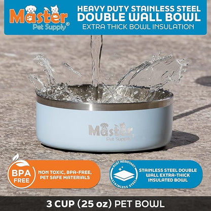Master Pet Supply Stainless Steel Dog Bowls - 25 oz, Heavy Duty - Glacier Blue, Double Wall Extra-Thick Insulated, Non-Slip Pet Water Bowl for Dogs, Cats & Pets, Anti Rust Metal, Dish Washer Safe