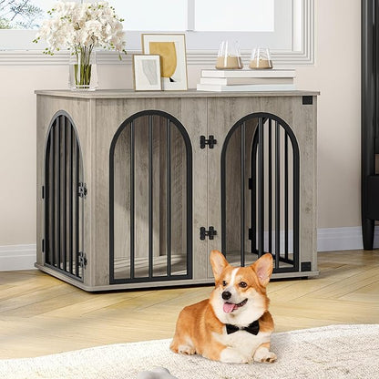 Hzuaneri 31.5'' Wooden Dog Crate Furniture, Indoor Dog Kennel Dogs Cage for Small/Medium Dogs, Heavy Duty Dog Crates Decorative Pet House End Side Table TV Stand, Greige Black DFC85105B