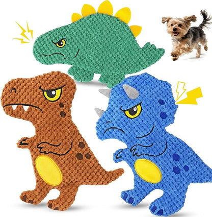 KIPRITII Dinosaur No-Stuffing Dog Squeaky Toys to Keep Dogs Busy, 3-Pack Puppy Toys for Interactive Play & Boredom Relief