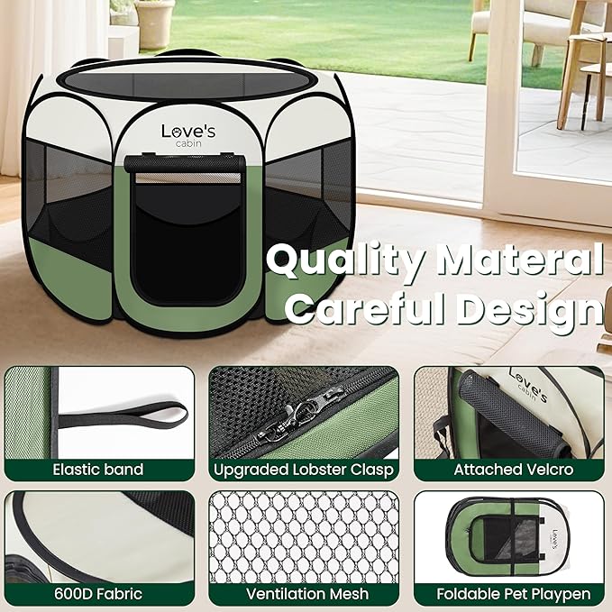 Love's cabin Pet Puppy Dog Playpen, Small Dog Tent Crates Cage Indoor/Outdoor, Portable Playpen for Cat, Foldable Pop Up Dog Kennel Playpen with Carring Case, Removable Zipper Top, Olive Green