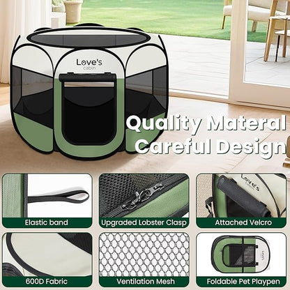 Love's cabin Pet Puppy Dog Playpen, Small Dog Tent Crates Cage Indoor/Outdoor, Portable Playpen for Cat, Foldable Pop Up Dog Kennel Playpen with Carring Case, Removable Zipper Top, Olive Green