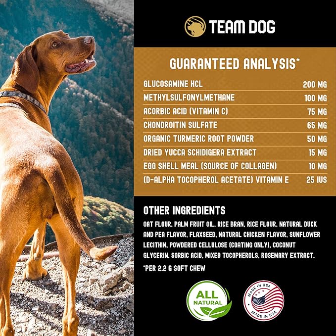 TEAM DOG Hip and Joint Chews for Dogs | Arthritis & Joint Support Supplements for Dogs | MSM, Chondroitin & Glucosamine | Small, Medium & Large Breed | Chicken, Duck & Pea Flavor | 120 Count