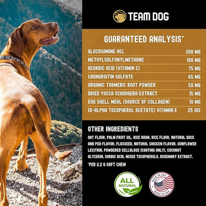 TEAM DOG Hip and Joint Chews for Dogs | Arthritis & Joint Support Supplements for Dogs | MSM, Chondroitin & Glucosamine | Small, Medium & Large Breed | Chicken, Duck & Pea Flavor | 120 Count