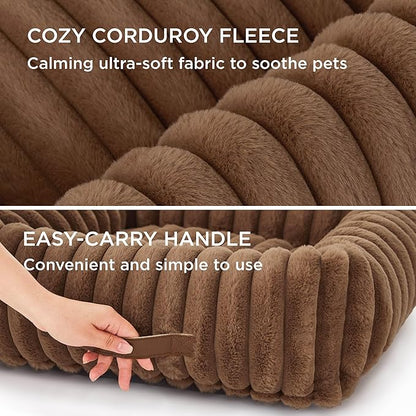 Bedsure ComfyFleece™ Washable Dog Bed for Medium Dogs - Cute Furry Puppy Beds, Rectangle Orthopedic Corduroy Fleece Pet Beds with Removable Zipper Cover, 30x24x8inches, Camel Brown