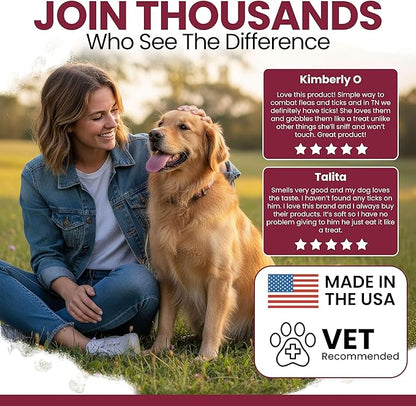 Chewable Flea and Tick Prevention for Dogs - 180 Delicious Soft Chews for Small and Large Dogs - Gluten, GMO, and Corn Free, Made in The USA