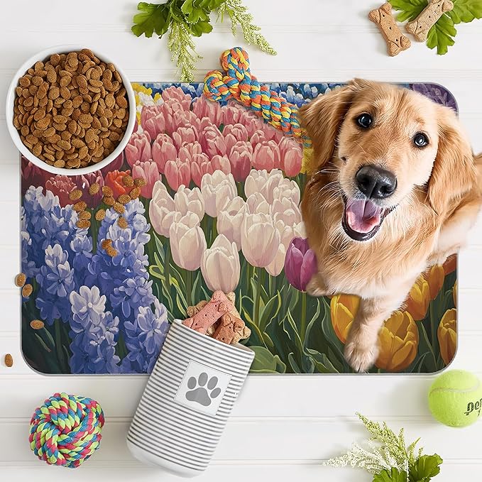 Tulip Lavender Pet Feeding Mat,Vintage Flower Fields Absorbent Quick-Dry Cat Dog Food and Water Bowl Mats,Non-Slip Rubber Backing Mat,Cat Dog Accessories Supplies 16"x24"