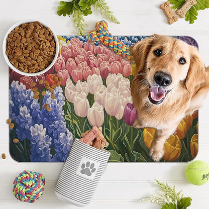 Tulip Lavender Pet Feeding Mat,Vintage Flower Fields Absorbent Quick-Dry Cat Dog Food and Water Bowl Mats,Non-Slip Rubber Backing Mat,Cat Dog Accessories Supplies 16"x24"
