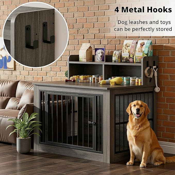 IRONCK Extra Large Dog Crate Furniture, 43.3 inches Wooden Dog Crate with Storage and 4 Hooks, Heavy Duty Pet Crate for Large Dog, Decorative Pet Cage for Indoor (30" L x 43.3" W x 41.1" H)