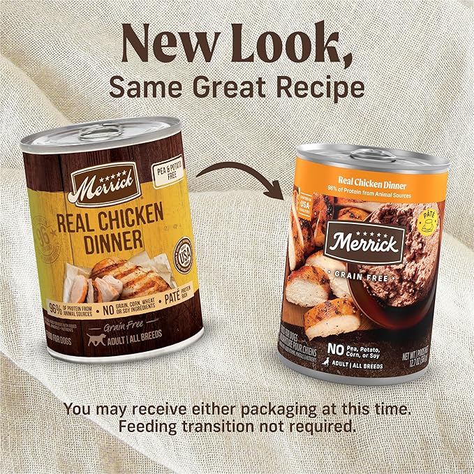 Merrick Grain Free Premium and Natural Canned Dog Food,Soft and Healthy Wet Recipe,Real Chicken Dinner - 12.7 oz. Cans,(Pack of 24)