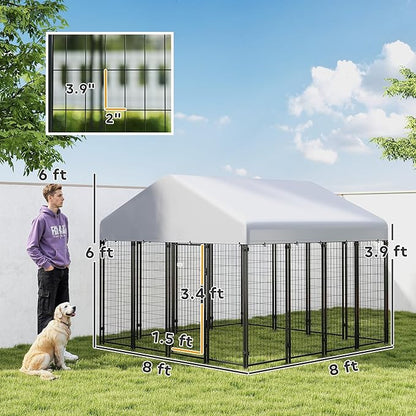 PawHut Outdoor Dog Kennel with Roof, 8' x 8' x 6' Heavy Duty Welded Wire Dog Playpen Enclosure with Escape-Proof Lock, UV-Resistant & Waterproof Cover, for Large Dogs, Chickens, Ducks, Silver