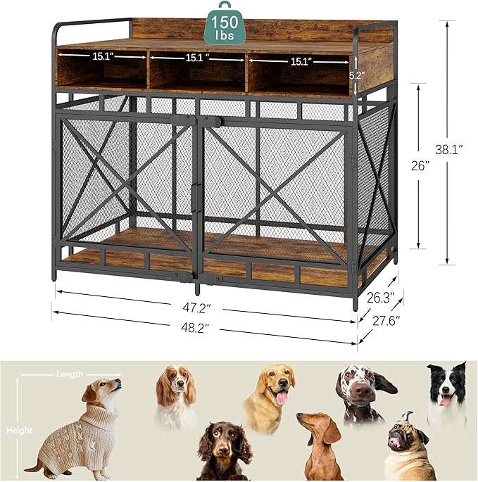 Fulhope Dog Crate Furniture, 48" Heavy Duty Wooden Dog Crate End Table, XL Dog Kennel Furniture Large Breed, Decorative Dog Kennel Indoor with 3 Drawers & Steel Tubes 48" L x28 W x38 H (Rustic Brown)