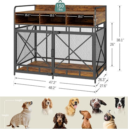 Fulhope Dog Crate Furniture, 48" Heavy Duty Wooden Dog Crate End Table, XL Dog Kennel Furniture Large Breed, Decorative Dog Kennel Indoor with 3 Drawers & Steel Tubes 48" L x28 W x38 H (Rustic Brown)
