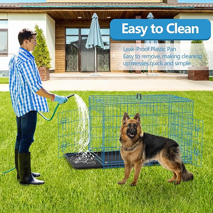 Dog Crate, 24/30/36/42/48 Inch Dog Crates for Small Medium Large Dogs Indoor, Folding Metal Dog Kennel Dog Cage with Double-Door, Divider Panel, Removable Tray, Locks and Handle, (42 Inch, Blue)