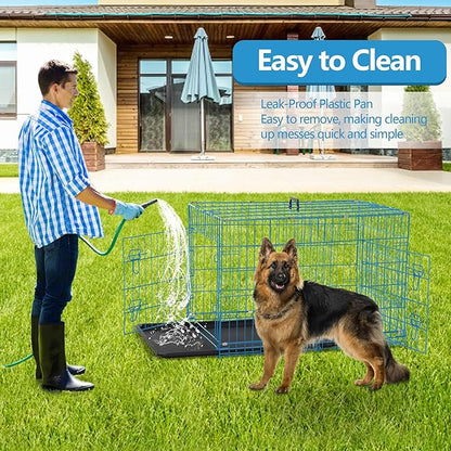 Dog Crate, 24/30/36/42/48 Inch Dog Crates for Small Medium Large Dogs Indoor, Folding Metal Dog Kennel Dog Cage with Double-Door, Divider Panel, Removable Tray, Locks and Handle, (42 Inch, Blue)