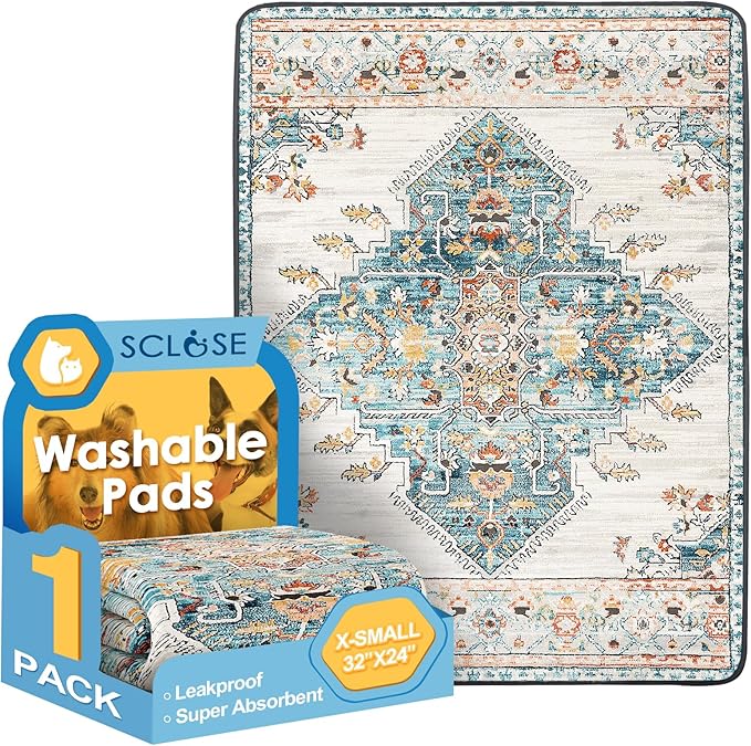 SCLOSE Washable Pee Pad for Dogs, 32" x 24" Reusable Puppy Pads Waterproof Dog Rugs, Super Absorbent, Leakproof, Dog Crate Pad, Playpen Mat, Whelping Pads, Blue Medallion