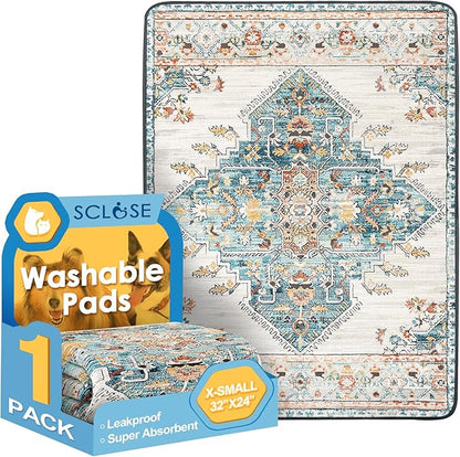 SCLOSE Washable Pee Pad for Dogs, 32" x 24" Reusable Puppy Pads Waterproof Dog Rugs, Super Absorbent, Leakproof, Dog Crate Pad, Playpen Mat, Whelping Pads, Blue Medallion