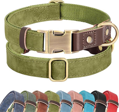 Didog Soft PU Leather Dog Collars for Medium Dogs,Classic Adjustable Dog Collars with Quick Release Metal Buckle,Easy Clean and Comfortable with Nylon Lining,Olive Green,M Neck 14-19"